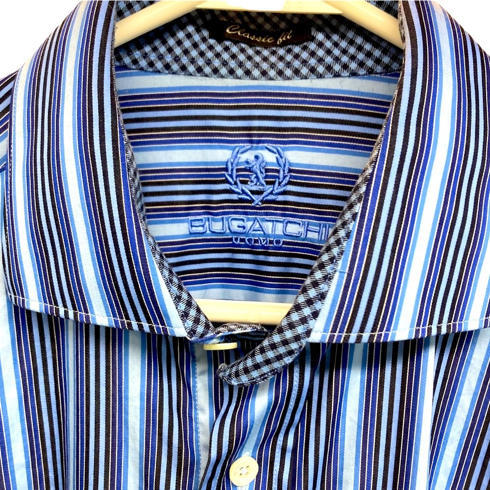 Bugatchi Uomo Shirt M Blue stripe flip cuff - Picture 8 of 8